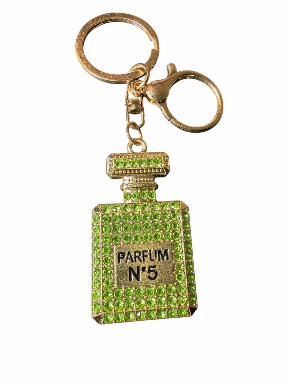 Green Rhinestone Perfume Bottle Purse Charm Keychain Gold Bling NWT